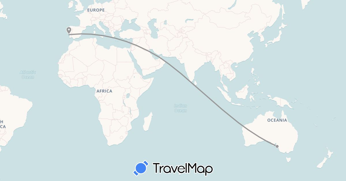 TravelMap itinerary: driving, plane in United Arab Emirates, Australia, Portugal (Asia, Europe, Oceania)